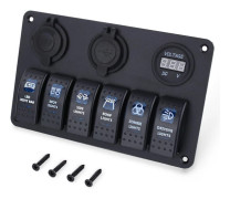 6-vägs LED-vippströmbrytarpanel med USB-uttag, cigarettändarplugg och voltmeter för bil och båt