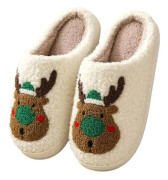Mjuka tofflor för kvinnor och män, varma och bekväma plyschtofflor med ludd, kudde, slip-on innetofflor för inomhus och utomhus A Reindeer Green 2/2.5
