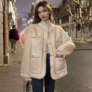 Ny koreansk stil liten doftande lammpälskappa för kvinnor lös tjock imitationspäls päls integrerad topp 2XL