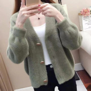 Vår och Höst Ny Koreansk Stil Imitation Minkfleece Stickad Kofta Jacka Tröja Dam Kort Lös Yttertoppar Dam M grön