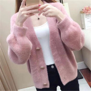 Vår och Höst Ny Koreansk Stil Imitation Minkfleece Stickad Kofta Jacka Tröja Dam Kort Lös Yttertoppar Dam L rosa