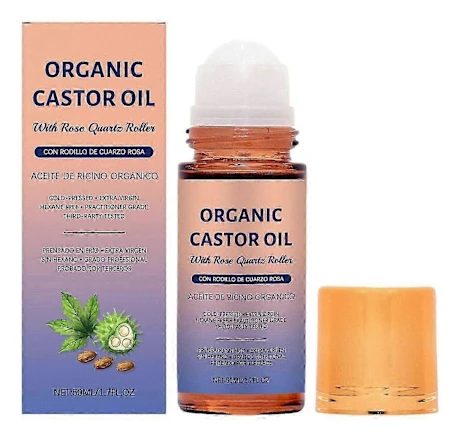 Organic Castor Oil Roll-On with Rose Quartz Cold Pressed, Hexane-Free, Easy Application for Skin, Eyebrows and Eyelashes, 100% Pure