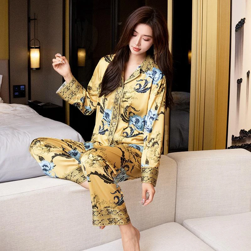 Satinpyjamas för kvinnor Vår och höst Långärmad Byxor Kinesisk stil Tryckt Bekväm Hempyjamas Set XL