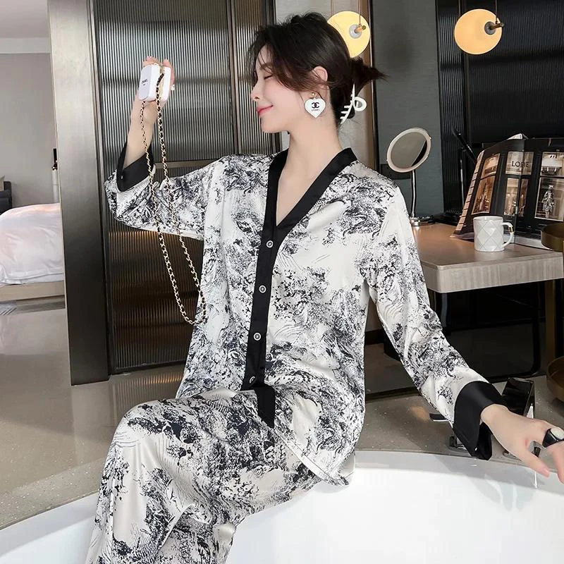 Pyjamas set i stor storlek Damkofta Hemkläder V-ringning Tuschmålning Långärmade Byxor Damer Siden Mjuka Sovkläder Loungewear M svart