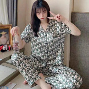 2 st/set Dampyjamas Höst och Vinter Sidenkofta Tryck Lös Kortärmade Byxor Högskolestudenter Hemkläde M