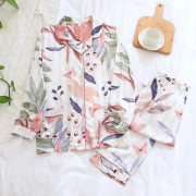 Nya Vår- och Sommar Dam Pyjamas Tvådelad Viskos Långärmad Byxor Stor Blomma Kofta Bekväm Hemmaservice Set XL