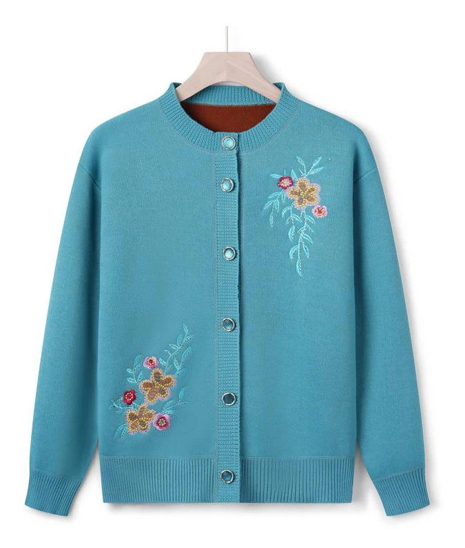 Medelålders och äldre kvinnors tröjjacka Kvinnlig mammas höstkläder Pluskläder Broderade Affärskläder Äldre mormorskläder 4XL blå