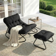 Gungstol med fotpall - Utomhus loungefåtölj - Vadderad vattentät dyna - Metallram - Max 150 kg - 90x77x70 cm - Svart/Beige