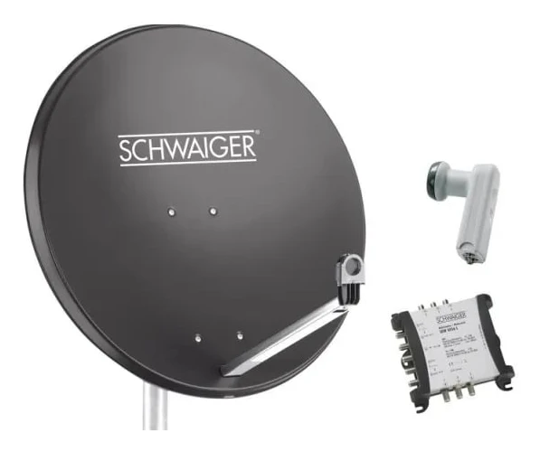 SCHWAIGER SAT-anlägg 80 cm 6 deltagare Quattro-LNB (utan switch) antracit med multiswitch 5/6