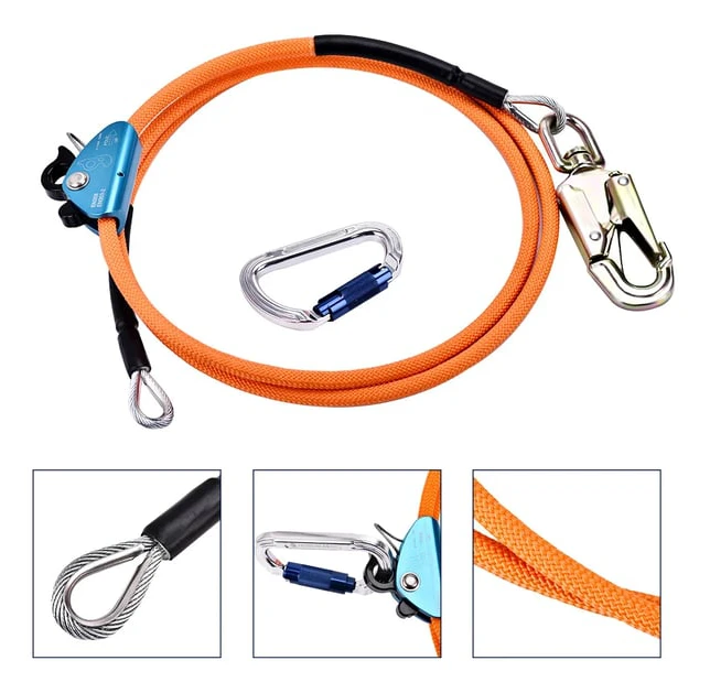 Arborist flipline - M50 stålkärnelina - 12 mm x 3 m - Trippellås-karbinhake - Justerare - Låg töjning - Skärbeständig - CE-certifierad