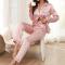 Dammode Enkelt Satin Pyjamasset Långärmad Knappar Kavajtopp med Elastiska Byxor Loungewear Nattkläder 5XL rosa