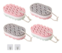 Badsvamp kompatibel med vuxna, mjuk badmassagesvamp med 2 krokar Kroppsexfolieringssvamp kompatibel med kvinnor (4 delar)
