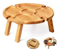 Vikbart picknickbord i trä med vinglashållare - Portabelt kreativt 2 i 1 vinglasställ & fackindelad skål för ost och frukt för utomhusbruk