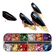 Nagelglitterflingor, 12 rutnät av glittrande guldfolie, enkel applicering,S45