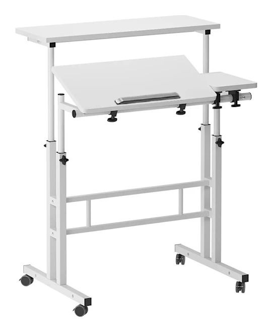Mobilt skrivbord - Datorskrivbord/laptopbord - Höj- och sänkbart - Fällbar bordsskiva - Med hjul - Tangentbordshylla - Rektangulär - Metall - Vit