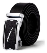 Herrbälte i äkta läder med spärrhake för män, snygga Jaguar-spännen i metall, automatiskt glidande midjebälte för affärskostymer, casual jeans för pojkar/fäders present, 125 cm