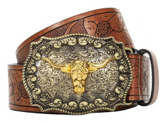 Herr-Western-Cowboy-Bälte - Longhorn-Tjur-Mönster-Spänne-Bälte Blommig-Graverat-Spänne-Bälte Passar 25\" till 38\" Midja