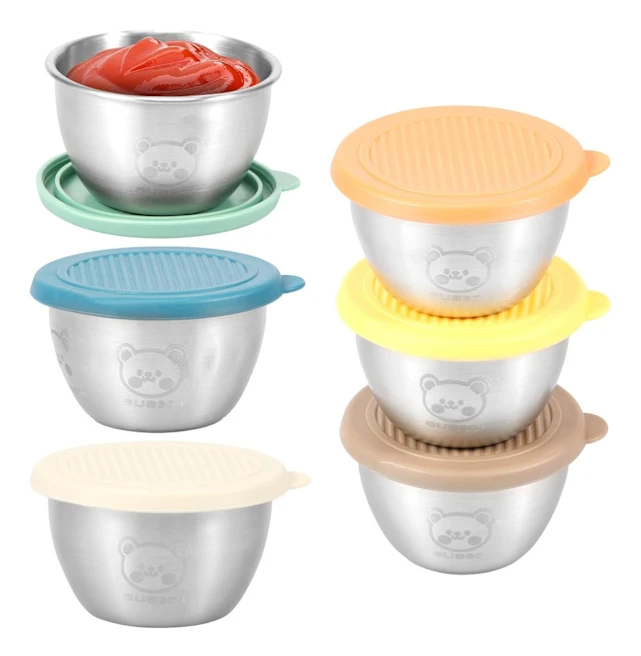 Set med 6 mini såsbehållare i rostfritt stål med läckagesäkra silikonlock, blandade färger, 80 ml, 6*3.6CM