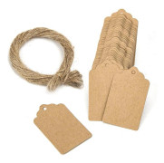 Paket med 100 presentetiketter i bågad kraftpapper, brun, 5 x 3 cm, med garn