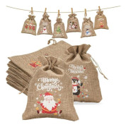 24 st adventskalenderpåsar, jutepåsar för adventskalender, fyllbara, 10x14 cm jutepåsar med