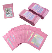 150 st folie ziplock-påsar set 10 * 7 cm återförslutningsbara mylarpåsar luktsäkra holografiska påsar för mat smycken (rosa)