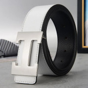 Ny affärscasual bälte i äkta läder PU, litchi-textur, H-format slätt spänne, herrbälte Vit silverspänne 115cm White silver buckle 115cm
