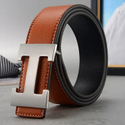 Ny affärscasual bälte i äkta läder PU, litchi-textur, H-format slätt spänne, herrbälte Orange Silverspänne 115cm Orange Silver Buckle 115cm