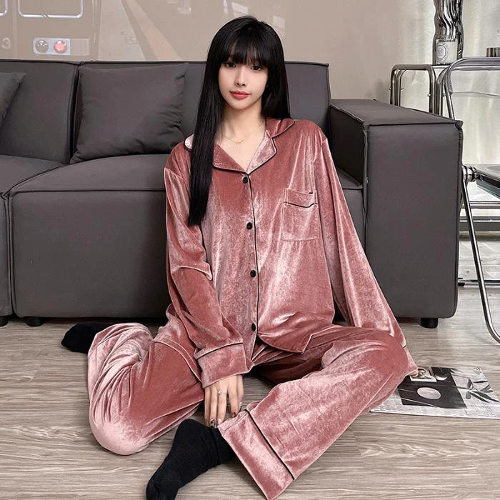 Dam Vinter Gyllene Sammet Varm och Förtjockad Dam Höst och Vinter Tvådelad Set Stora Storlekar Loungewear 5XL
