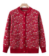 Mamma bär trendig tröjjacka ny stil mormor bär blommig stickad kofta medelålders damer high-end koftatopp XL röd