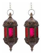 Moroccan Hanging Lanterns Candle Holders 2 Pieces Metal and Glass Brown Ramadan Lamp Decorative Lanterns for Living Room Balcony Patio