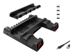 PS4-stativ med kylfläkt för PS4/PS4 Slim/PS4 Pro, Playstation 4 kylstation med PS4-kontrolladdare och 12 spelplatser