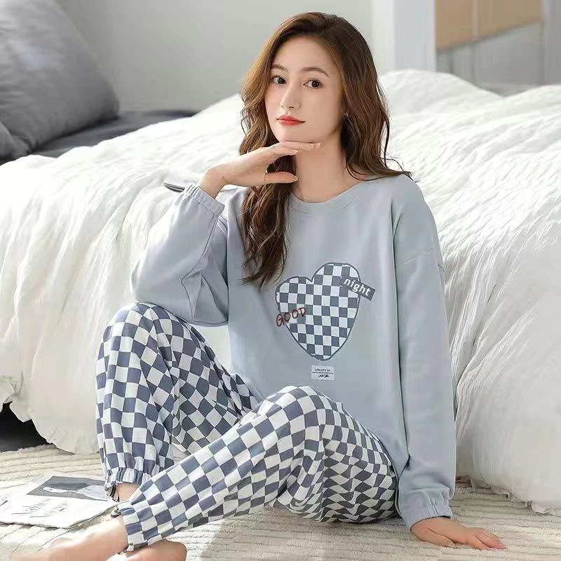 Dam Höst Vinter Långärmad Pyjamas Version av De Blå Kärleksrutiga Byxorna Hemkläder Utanför Skolflicka Sovkläder M