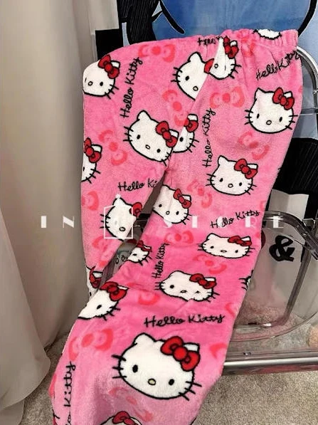 Sovbyxor med tecknad katt för damer, varma och lediga hembyxor för höst och vinter pink XL