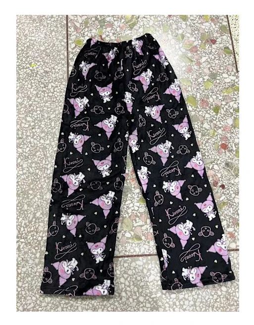 Julpyjamasbyxor för damer med tecknat motiv, avslappnade sammetsbyxor för hemmabruk med kattmönster Svart Kuromi M Svart Kuromi M Black Kuromi M