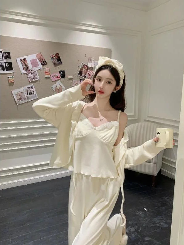 Prinsessstil 3 delar Sovset Sexig Axelbandstopp Byxor Ö-sammet Pyjamas Set Varm Hemkläder Mjuk Vinter Loungewear Nattkläder XL