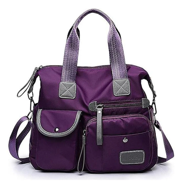 Tygväska för kvinnor, rymlig handväska med handtag, flera fickor och dragkedja, lätt axelväska för damer, crossbody i nylon Purple