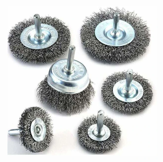 Set med 6 stålborstar för borrmaskiner - 0,012 mm borr - Kolstål - För rengöring av rost, strippning och slipmedel, för borrmaskiner,