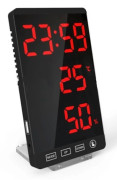 LED spegelklocka, termometer och hygrometer, elektronisk väderklocka, väckarklocka, fet röd text