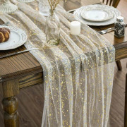 Beige & Guld Gasväv Duk 120 Tum (10 Fot) - Glittrande Metallisk Folie Transparent Bordsduk, Elegant Middagsdekoration för Bröllop