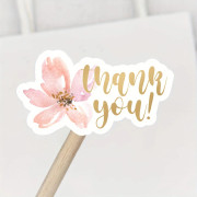 Tackklistermärken med Ljusrosa Blommor, Perfekta för Happy Mail-paket, med Akvarell Guldblommönster, Mått 1,5 tum x 0,8 tum rosa