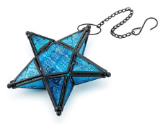 Glass Star Lantern Hanging Ornament - Tealight Holder Window Hangings Living Room Patio Balcony Decoration Vintage, Blue