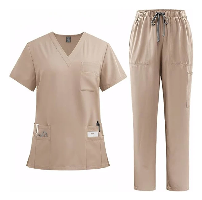 Skrubbset för kvinnor Medicinskt uniformset med V-ringad kortärmad topp, raka byxor, 8 fickor, stretchig dragsko