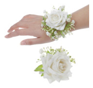 Brudgum Brudtärna Knapphålsblomma Silkesblomma Handledskorsage Set Bröllopsceremoni Fototillbehör för Speciella Tillfällen White