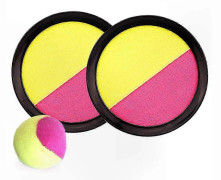 Interaktivt bollkastningsspel med 2 fångstpaddlar och 4 lätta bollar för alla åldrar Yellow Red 2 Discs 4 Soft Balls