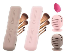 2 st sminkborsthållare i silikon (rosa, khaki) och 2 st sminksvamphållare i silikon, bärbar sminkorganisatör för resor