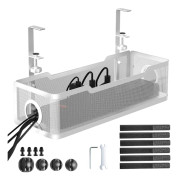 Cable Management Under Desk No Drilling, Cable Tray with Clamp for Office, Home - No Damage to Desk, White