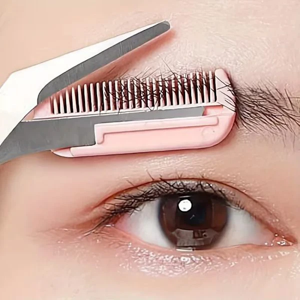 Inbyggd kam ögonbrynstrimmer i rostfritt stål, Precisionsvård, rosa handtag, ambidextrous, Professionell/hemma skönhet En Størrelse