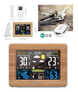 WOOD väderstation Int och ext trådlös vädersensor ext Väderprognos LCD-färgskärm Tid + Väckarklocka + Whistler nyckelring