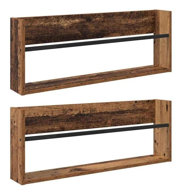 Väggmonterad tidningsställ i ingenjörsträ - vidaXL - Åldrat trä - 80x12x30 cm - 2 hyllor - Väggmontering