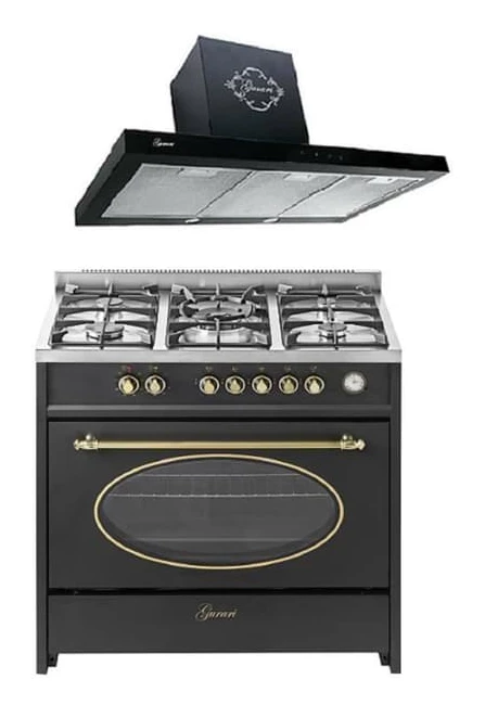 Fristående gaskök 90 cm GURARI GCH E 914 BL - 8 funktioner - 5 brännare - XXL ugn 121L + väggfläkt GCH F 462 BL 9